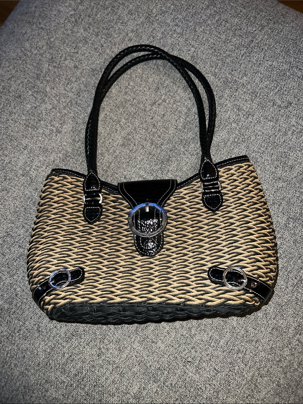 Brighton Woven Straw Tote with Black Trim and Silver Buckle GUC
